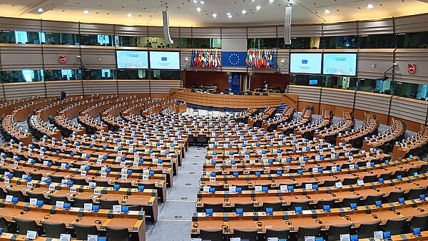 Man sieht den Plenarsaal des Europäischen Parlaments in Brüssel. Die Sitze sind leer. Im Hintergrund hängen verschiedene Fahnen. 