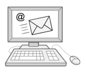 Zeichnung: ein Computer mit Tastatur und Computer-Maus. Auf dem Bild-Schirm ist ein Briefumschlag und ein @-Zeichen zu sehen.