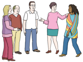 Zeichnung: 5 Menschen stehen nebeneinander. Eine Frau mit schwarzer Haut-Farbe wird von einer anderen Person vorgestellt.