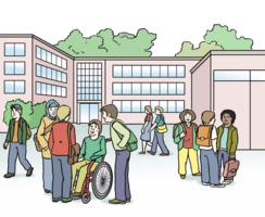 Zeichnung: Vor einer Schule sind viele Menschen. Die meisten stehen oder gehen in Gruppen. Eine Person sitzt in einem Rollstuhl.